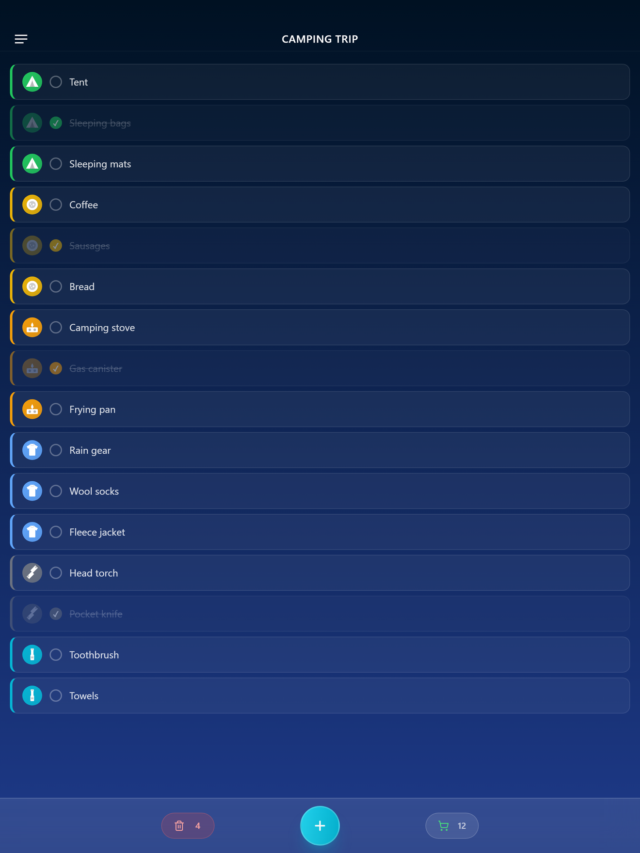 A camping trip list open on iPad, showing shelter, food, cooking, clothes, tools and hygiene items side by side.