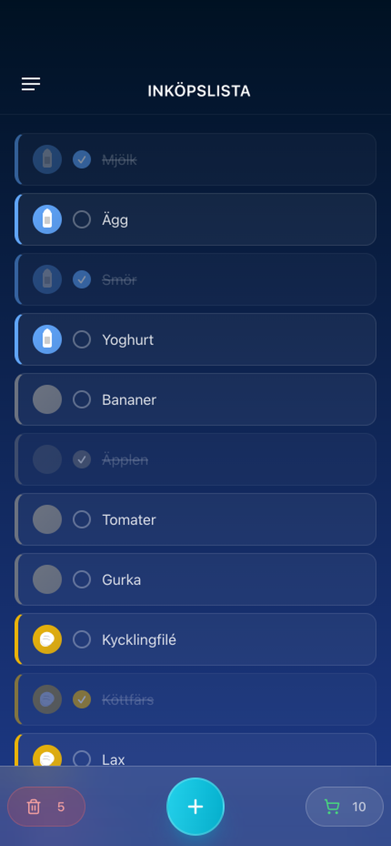 The Zhoplist shopping list on iPhone, with items grouped by category and some ticked off.