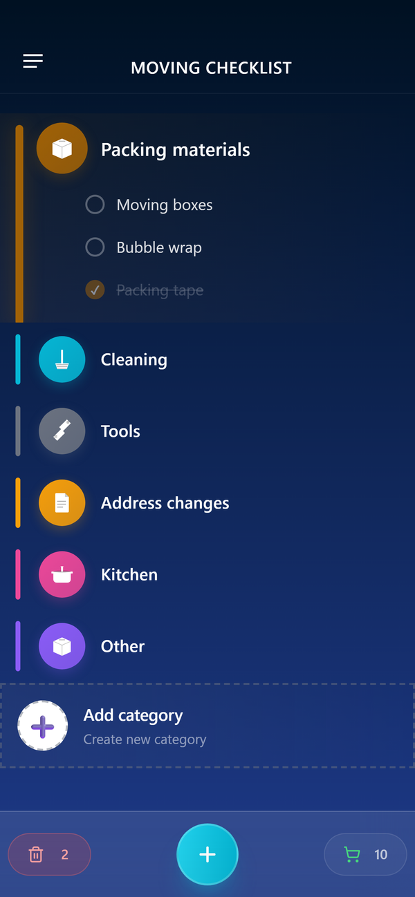 A moving checklist in Zhoplist on iPhone, its categories — packing materials, cleaning, tools, address changes, kitchen — each with a distinct icon.
