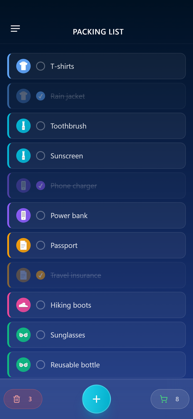 A shared packing list in Zhoplist on iPhone, with clothes, toiletries, electronics and documents each marked by their own icon.